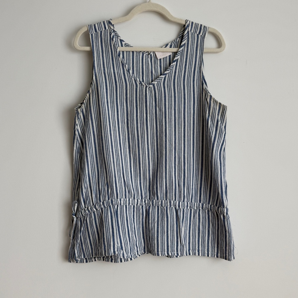 Blue and White Striped Sleeveless V-Neck Tank Top